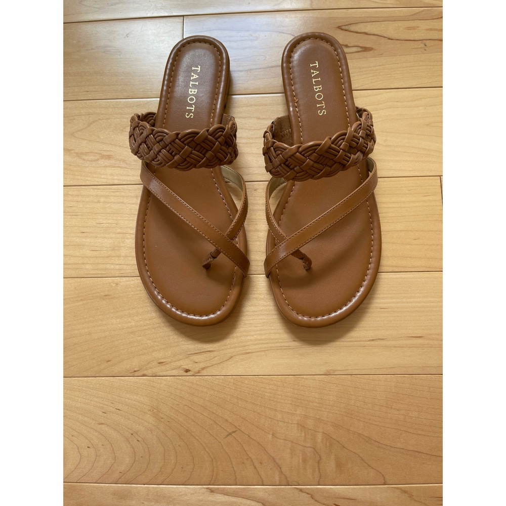 Talbots Womens Braided Strap Toe Loop Flat Slide Sandals Brown Leather 8M